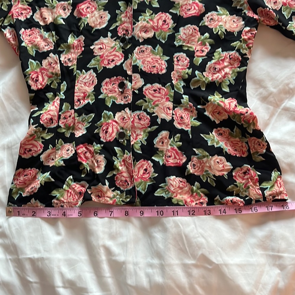 Carole Little Crop Blouse Black Floral Roses Embellished  Long Sleeves  … - Picture 10 of 12